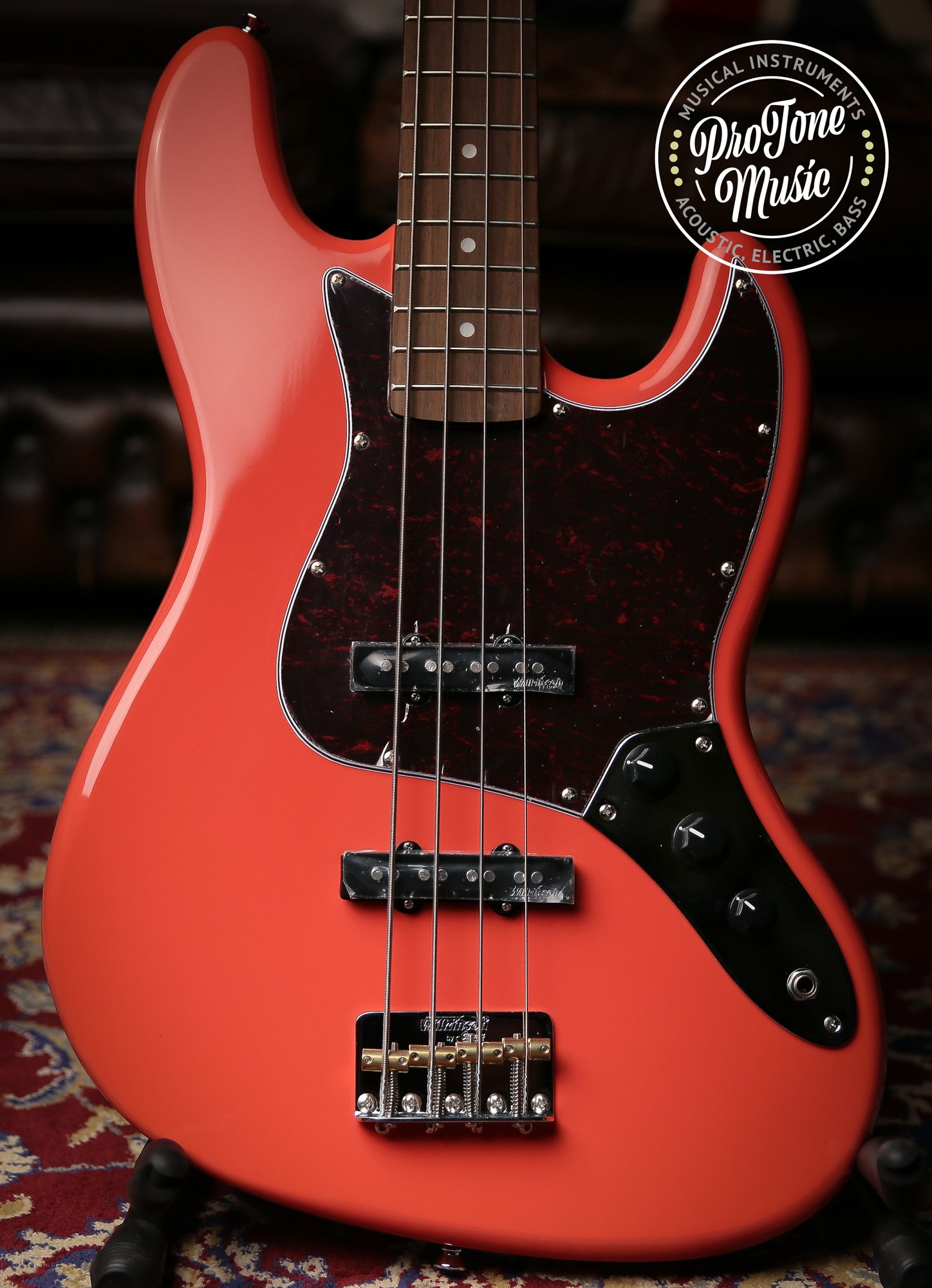 Vintage VJ74 Reissued Bass Firenza Red Matching Colour Headstock - ProTone Music